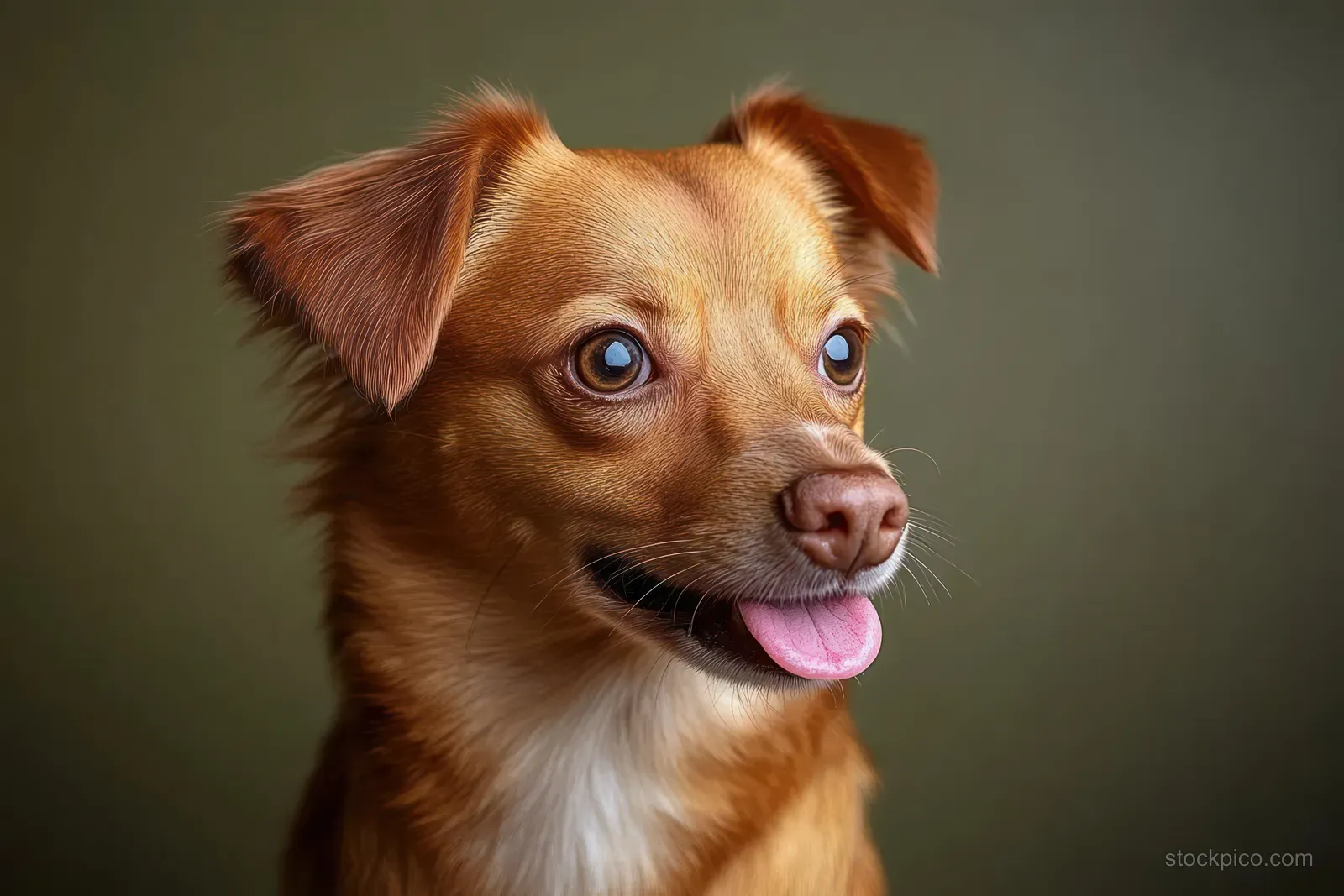 Close-up of a small brown dog with tongue out and expressive eyes against a neutral background.