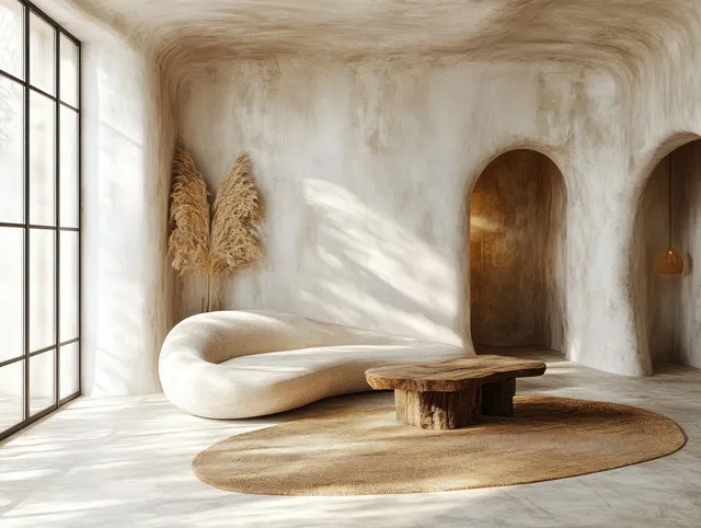 Curved beige sofa with a rustic wooden coffee table in a bright minimalist living room near a large window.