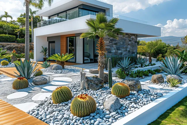 Modern desert home garden with white pebble paths, cacti, and palm trees under daylight