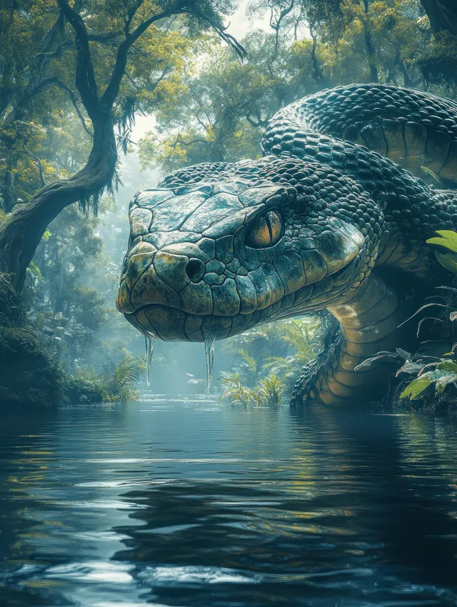 A multi-headed hydra serpent rises from a misty swamp pond with water reflections and dark greenery.