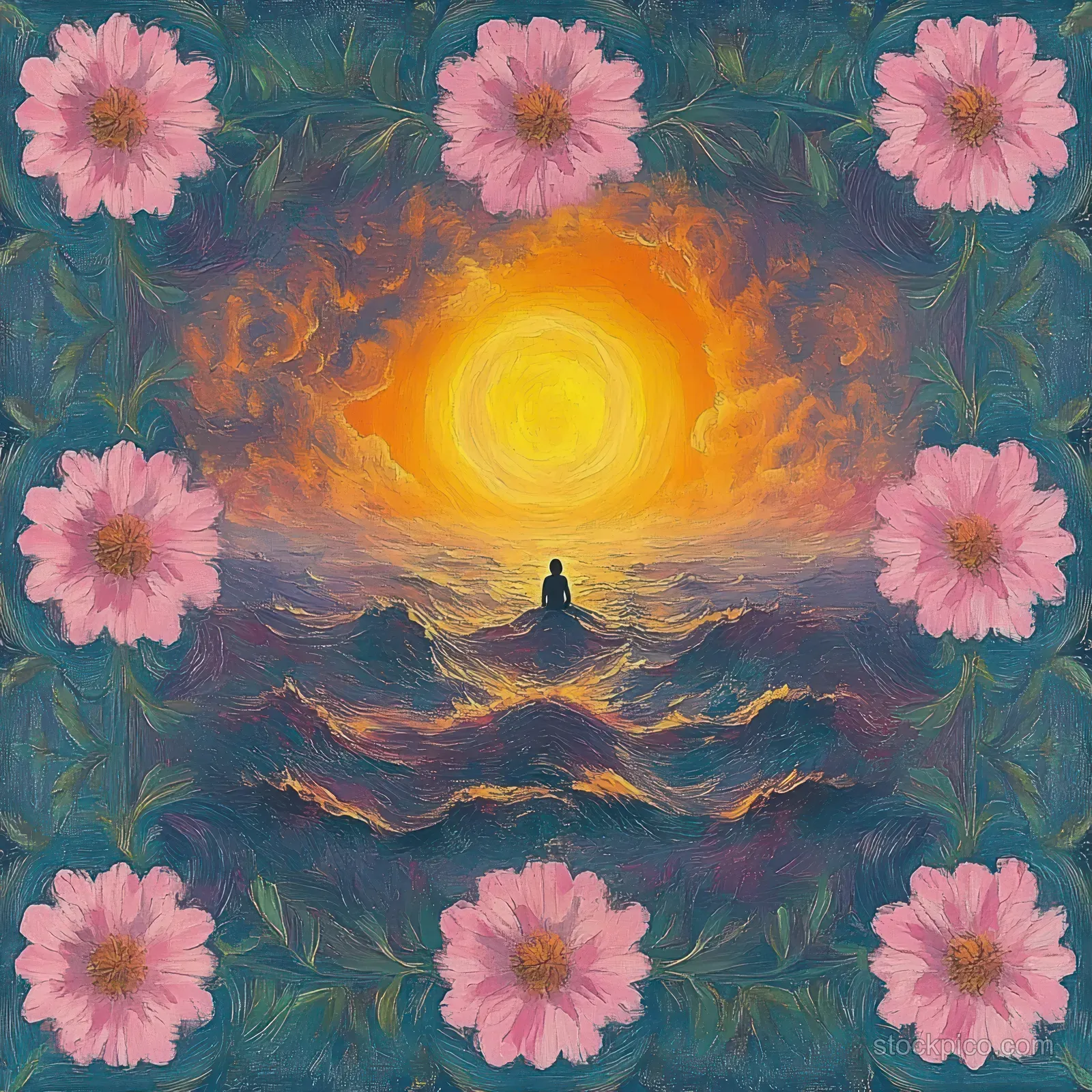 Silhouette meditating on ocean waves under a glowing yellow-orange sun surrounded by pink flowers on a textured blue-green background.