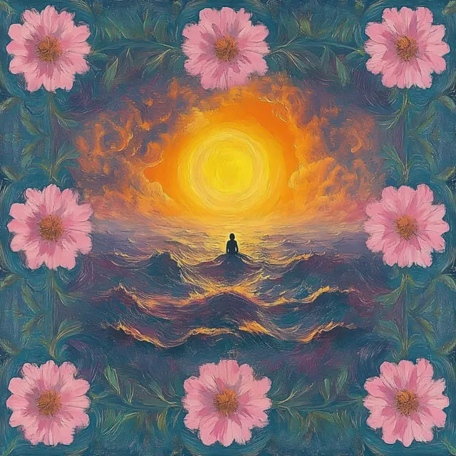Silhouette meditating on ocean waves under a glowing yellow-orange sun surrounded by pink flowers on a textured blue-green background.