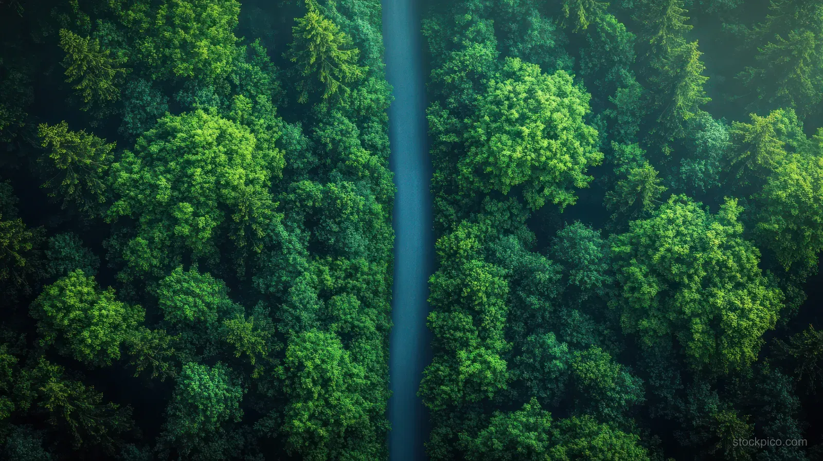 An aerial view shows a winding asphalt road with an electric car traveling through dense green forest canopy.
