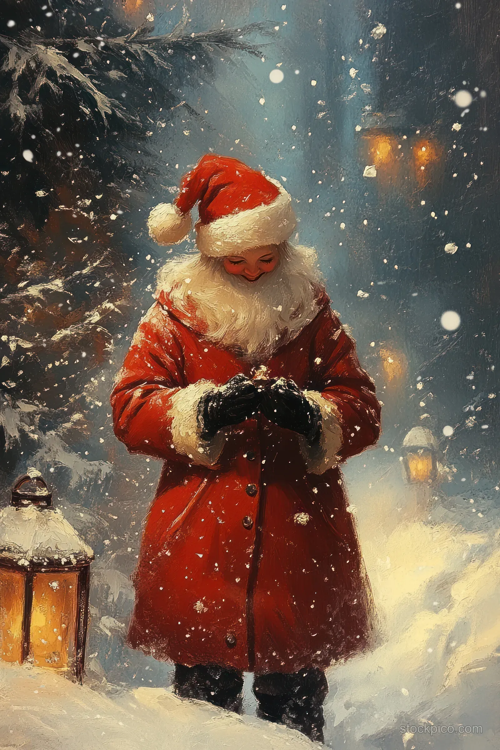 Cheerful Santa in a red coat stands in falling snow on a winter street holding a lantern.
