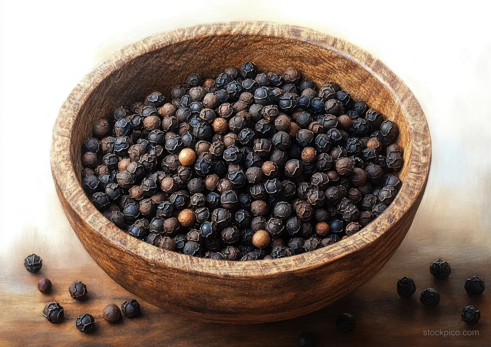 Wooden bowl filled with whole black peppercorns with more peppercorns scattered on a wooden table.
