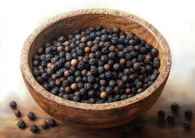Wooden bowl filled with whole black peppercorns with more peppercorns scattered on a wooden table.