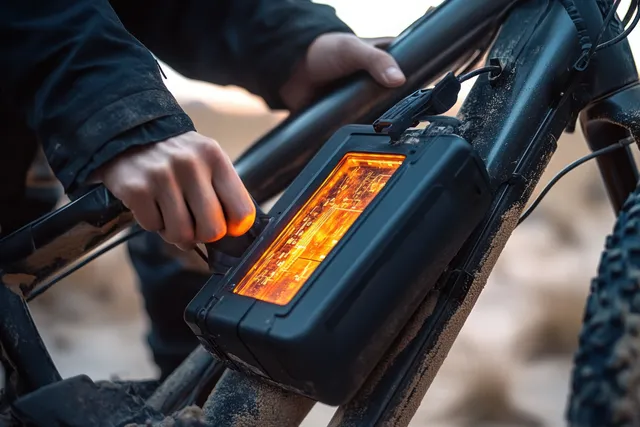 A person’s hands adjust a glowing battery pack mounted on a muddy electric mountain bike frame.