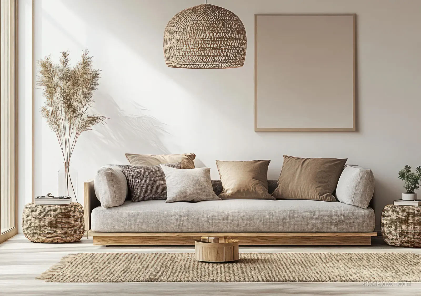 Neutral Scandinavian living room with a sofa, rattan pendant lamp, and textured rug under warm daylight.