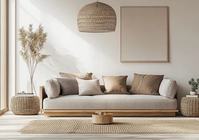 Scandinavian living room with sofa, rattan pendant, warm daylight, and textured neutral decor
