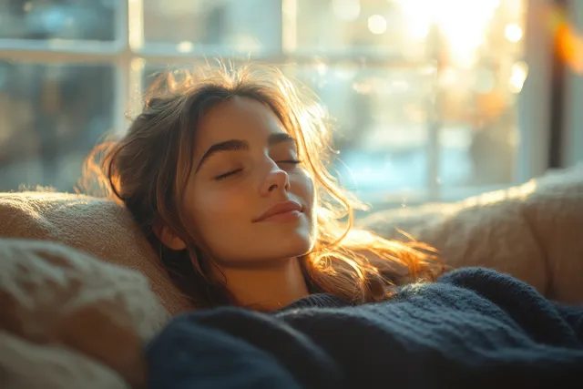 A relaxed woman reclines on a sofa at home, smiling while using her smartphone in warm sunlight.