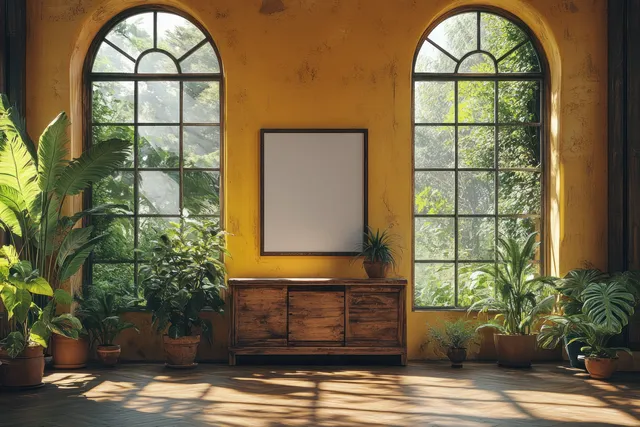 Empty square frame on a wooden sideboard with potted plants and warm light from arched windows.