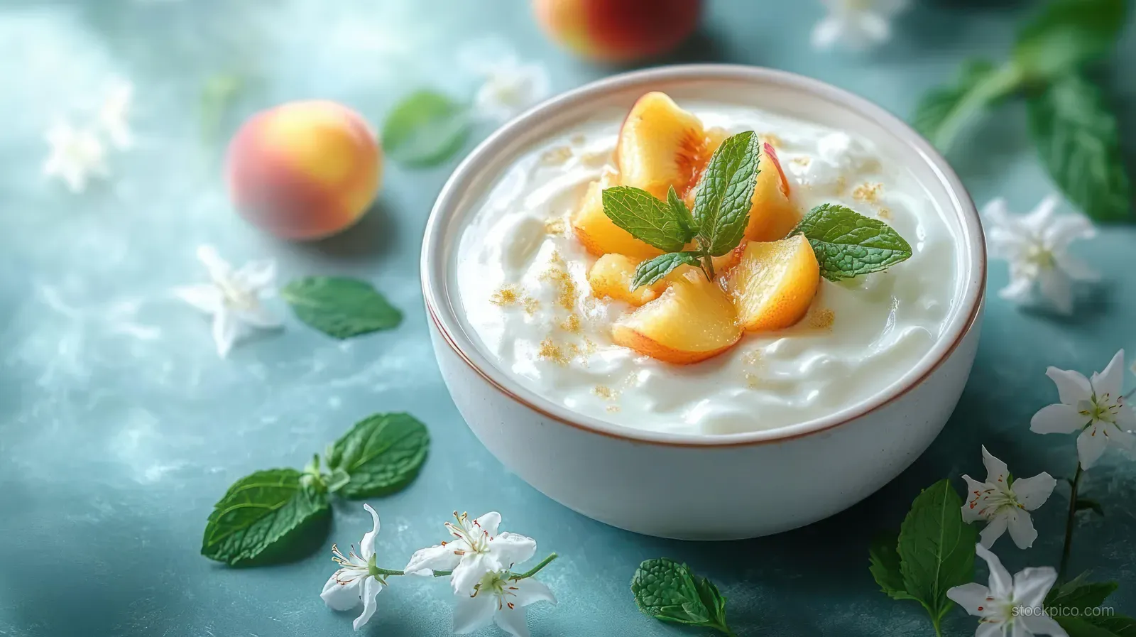 Creamy yogurt in a white bowl is topped with sliced apricots, mint leaves, and small white flowers on turquoise texture.