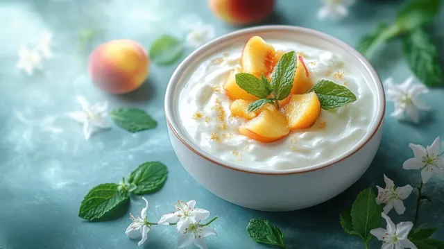 Creamy yogurt in a white bowl is topped with sliced apricots, mint leaves, and small white flowers on turquoise texture.