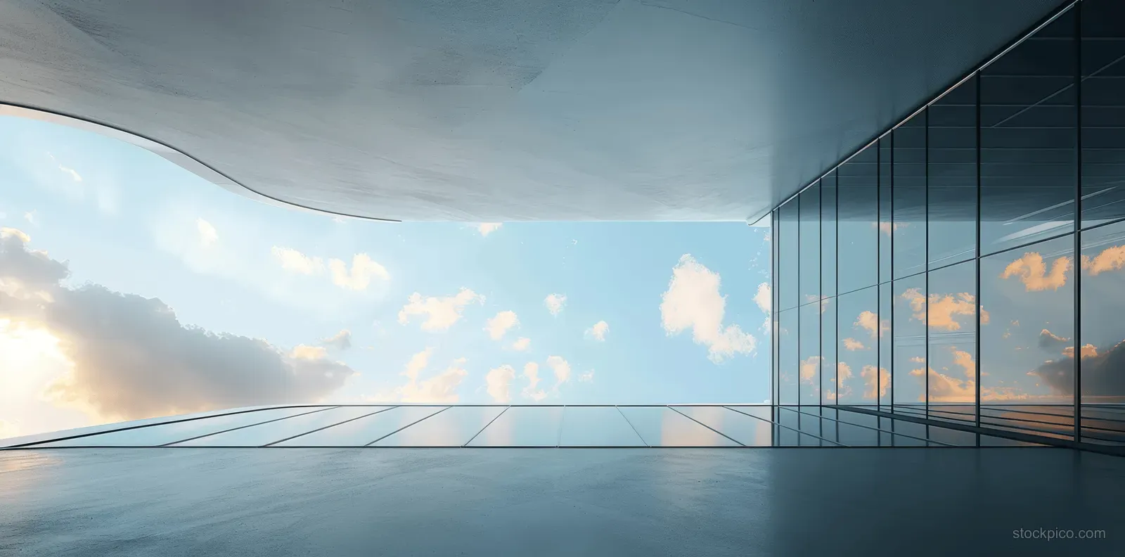 Curved glass and steel skyscraper exterior reflects sunset sky across tall windows and panels.