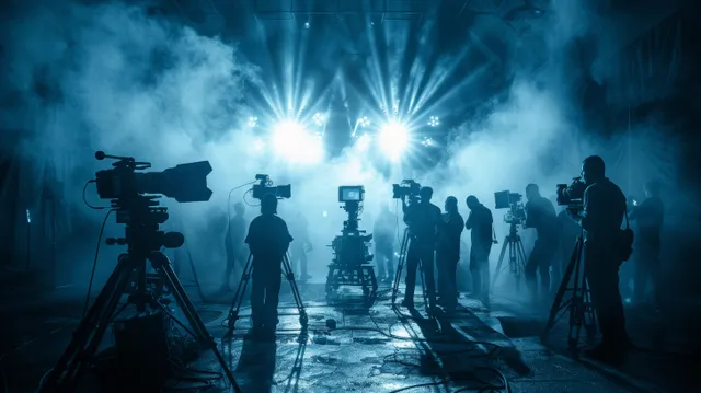 Silhouetted film crew stands with tripod cameras and bright studio lights amid blue smoky haze.