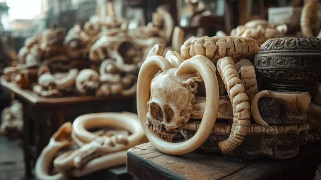 Carved bone skull and ring ornaments arranged on a wooden display table under warm indoor lighting.