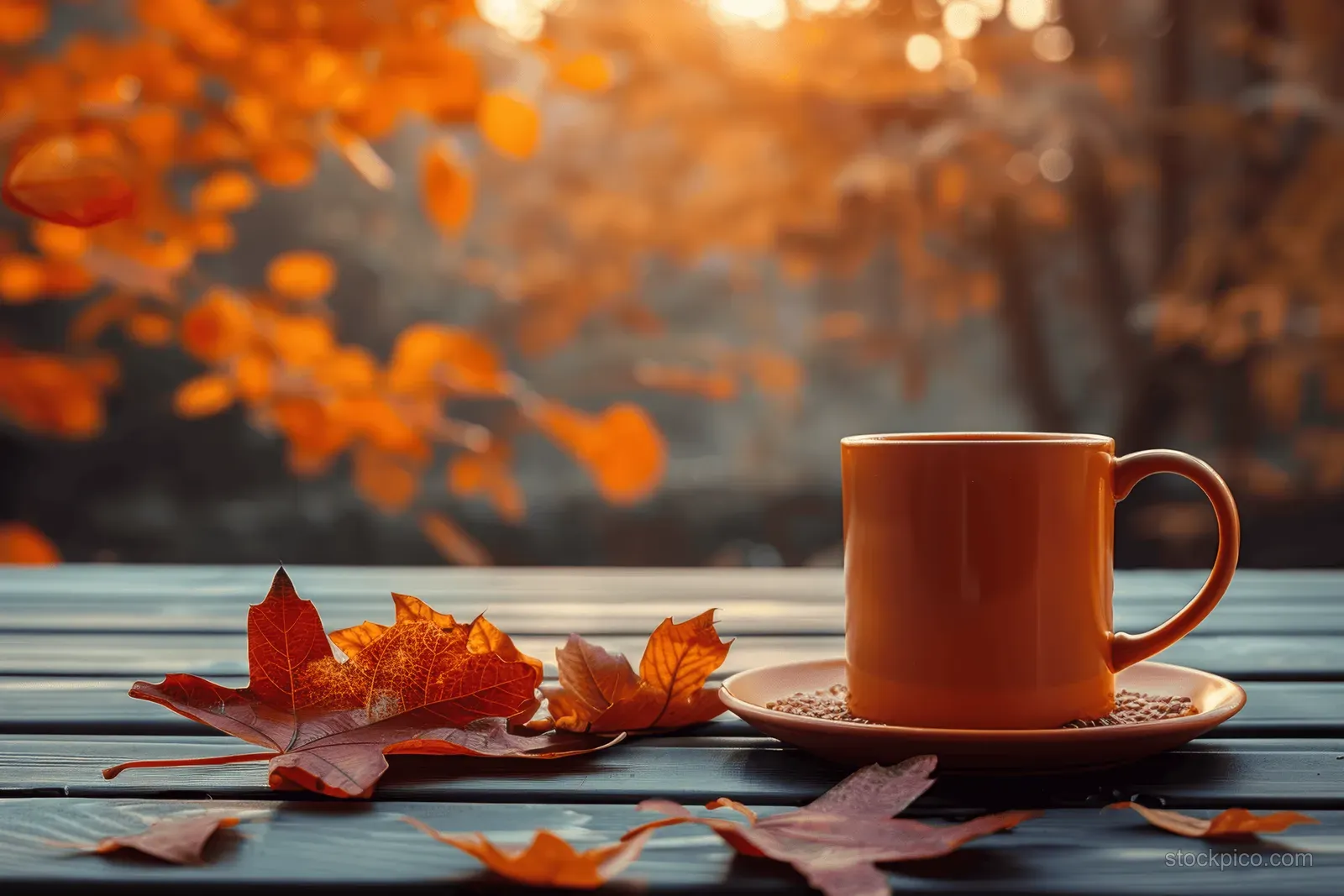 Orange mug on a plate beside scattered autumn leaves on a wooden table with warm morning light.