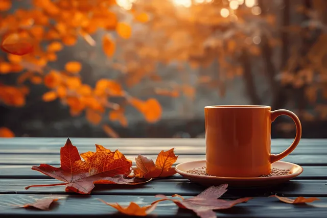 Orange mug with fallen autumn leaves on rustic wooden table in soft morning sunlight