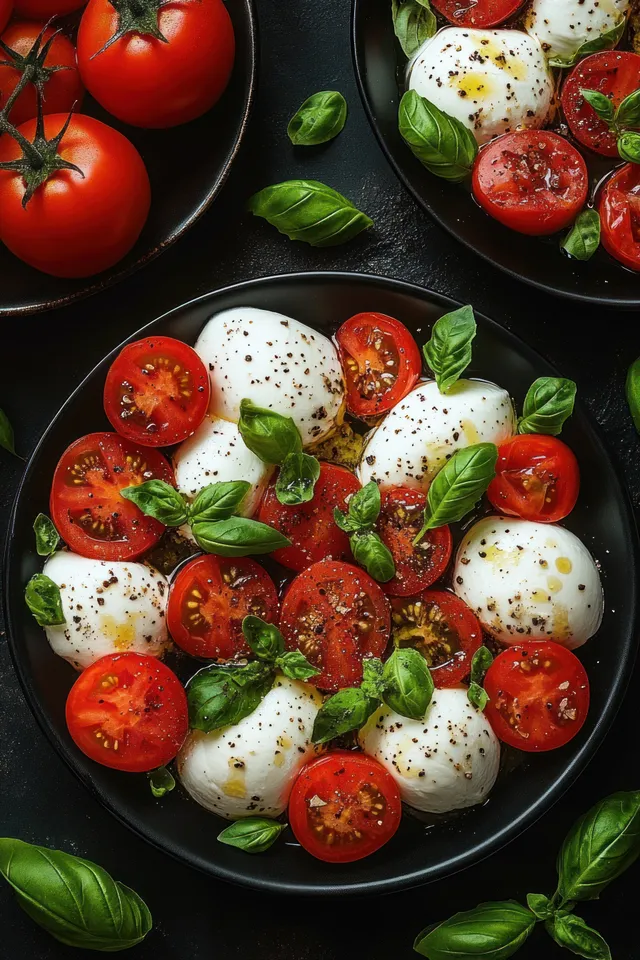 Caprese salad on black plates with halved cherry tomatoes, mozzarella balls, basil leaves, and olive oil beside whole tomatoes.