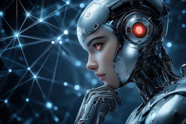 Futuristic humanoid robot in profile thinking pose, glowing red eye against blue network