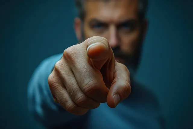 Hand pointing forward toward camera in moody office-like background, focused close-up gesture
