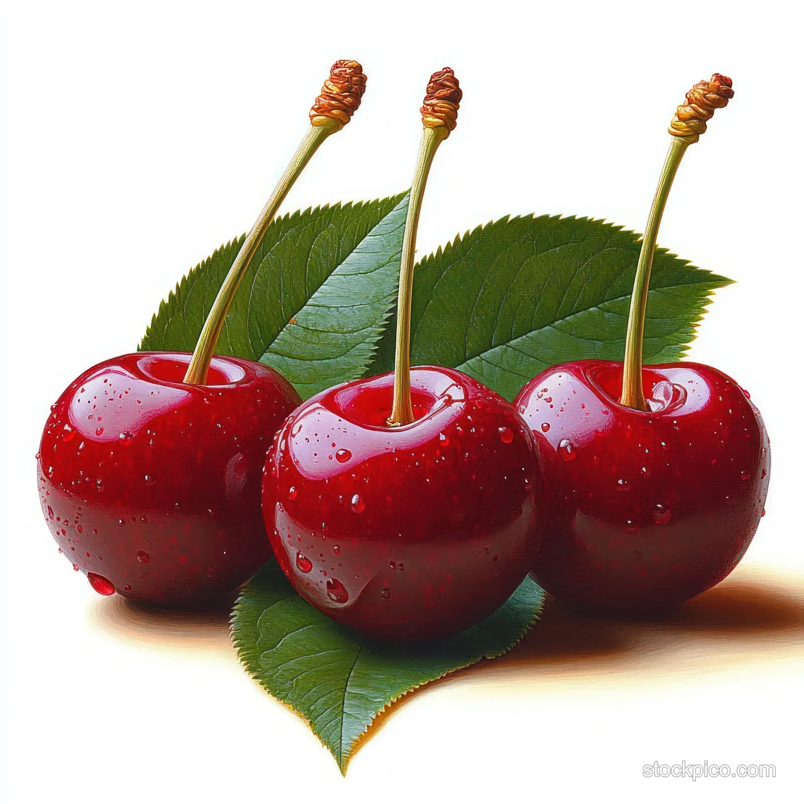 Three red cherries with water droplets resting on green leaves against a white background.