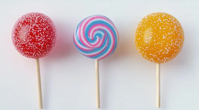 Three round lollipops with sprinkles on wooden sticks arranged in a row on a white background.