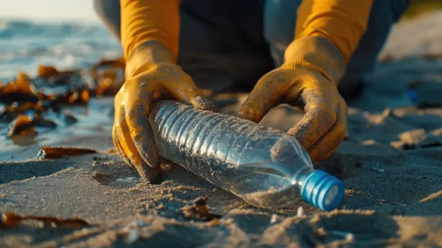 Gloved hands retrieve a plastic bottle from wet sandy beach covered with seaweed and litter.