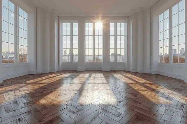 Sunlit empty room with tall windows and a herringbone parquet wooden floor facing a city skyline.