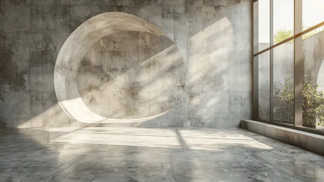 Empty concrete interior with large window beams and soft 3D wall shadows