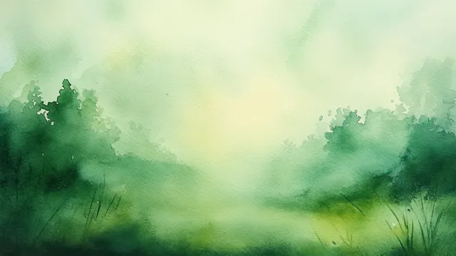 Watercolor forest landscape with soft green haze and dreamy light diffusion