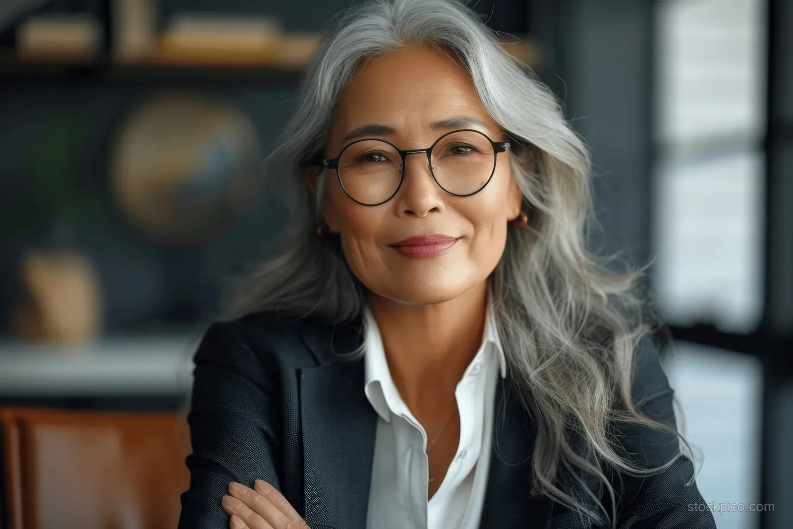 Gray-haired Asian businesswoman with glasses smiles at camera while seated at an office desk.
