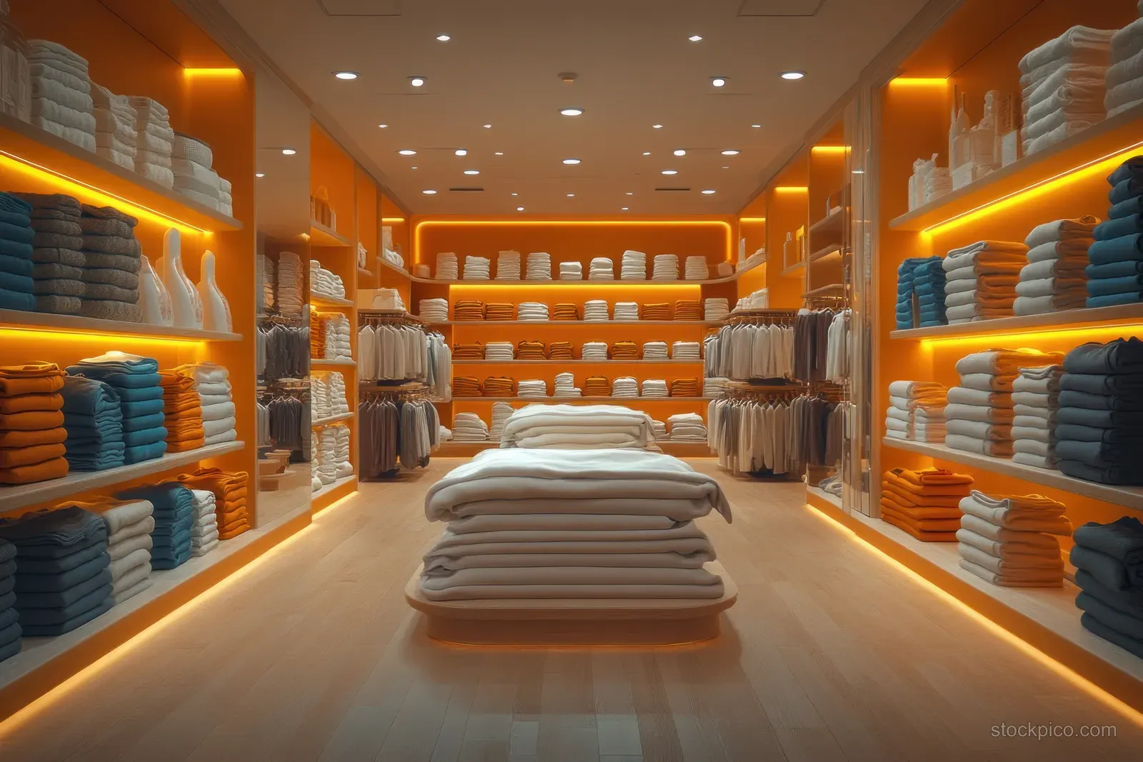 Warm-lit boutique clothing aisle with shelves of folded shirts and blurred background lights toward the back.