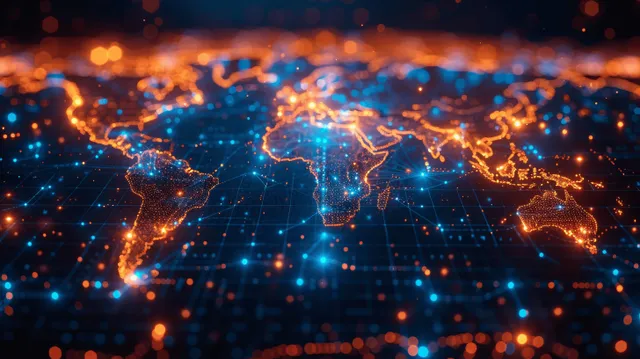Futuristic world map with glowing blue and orange data connections across continents