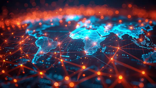 Glowing digital world map with network lines and data nodes spreading across a blue cyber background.
