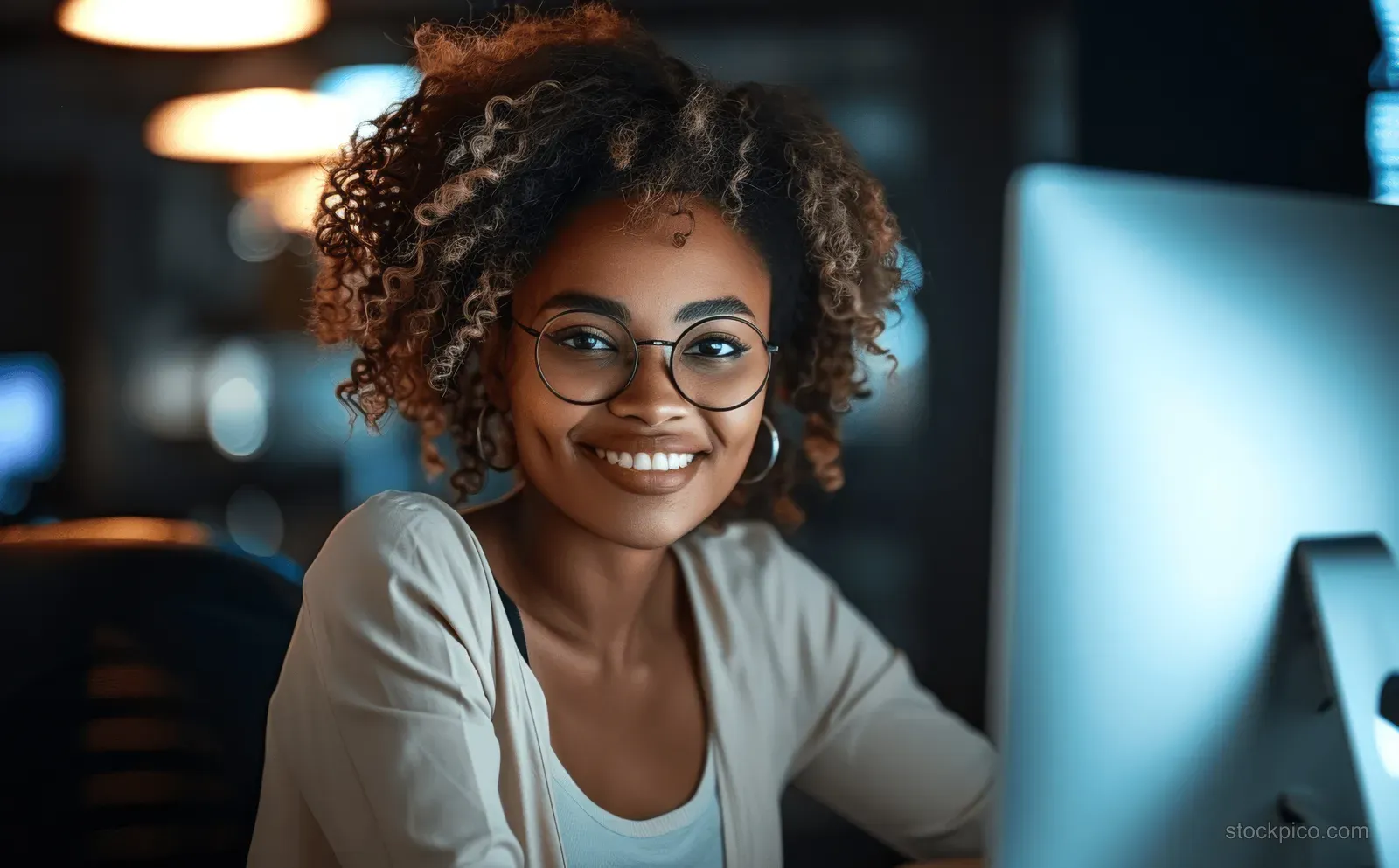 Smiling businesswoman in a dim office reviewing chart data on a laptop screen while seated at her desk.