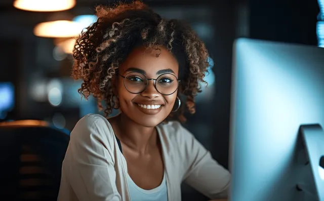 Empresaria sonriente en una oficina con poca luz revisando datos de gráficos en la pantalla de una computadora portátil mientras está sentada en su escritorio.