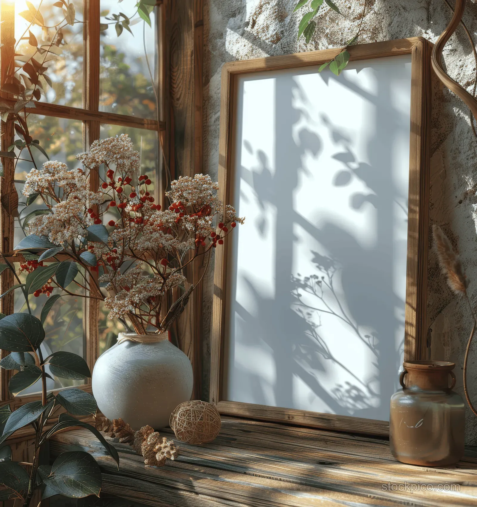 A white wooden framed poster mockup sits on a window sill with potted flowers and sunlit shadows.