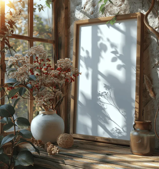 A white wooden framed poster mockup sits on a window sill with potted flowers and sunlit shadows.
