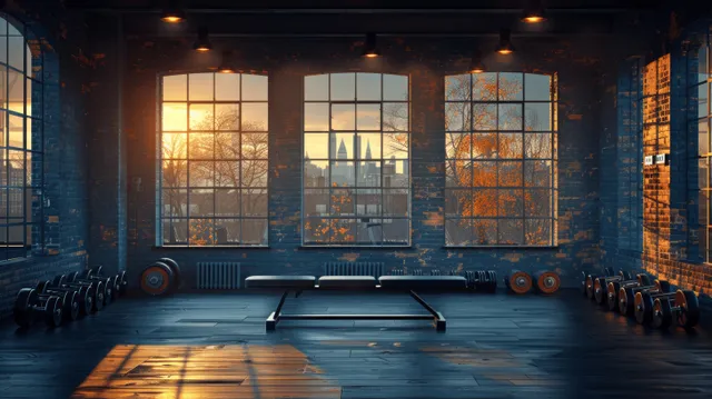 Empty modern gym interior with bench press machine, dumbbells, treadmills, and warm sunlight streaming through large windows.