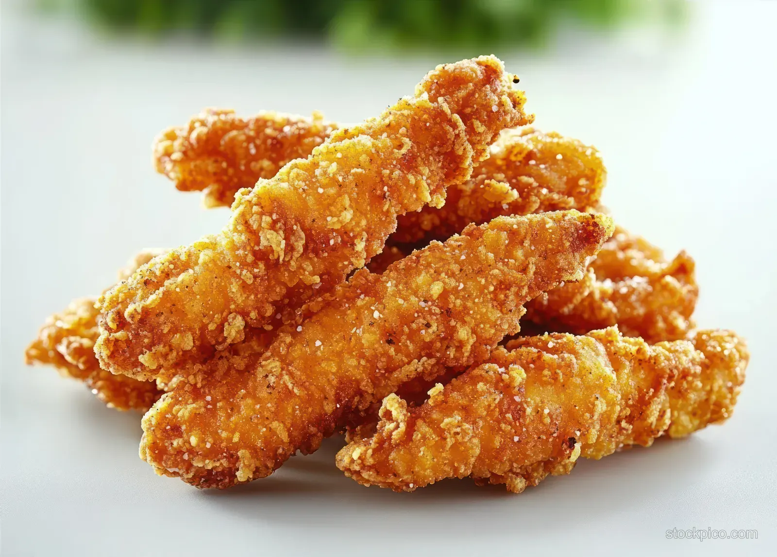 Stack of golden crispy fried chicken tenders on a white surface with a blurred green background.