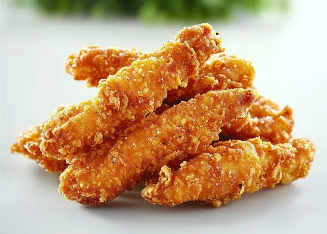Stack of golden crispy fried chicken tenders on a white surface with a blurred green background.