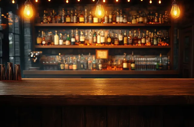 Empty wooden bar counter in a dim pub with warm hanging bulbs and blurred shelves of bottles behind.