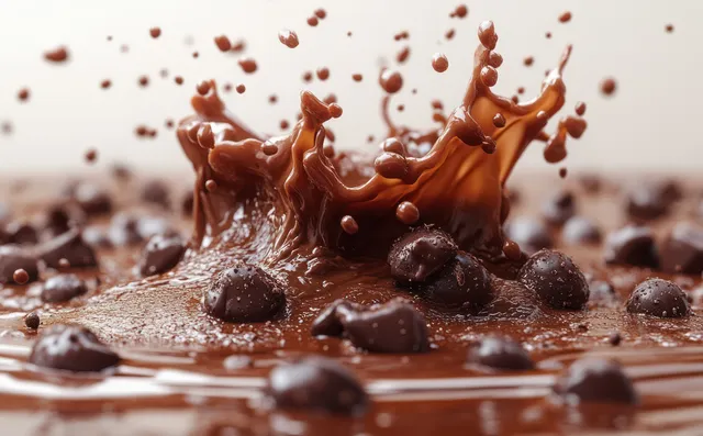 Chocolate splash erupts in a cocoa pool with scattered droplets and rippling liquid surface.