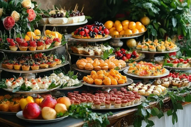 Tiered party buffet showing fruit tarts, mini sandwiches, pastries, and assorted fresh fruit with leafy decorations.