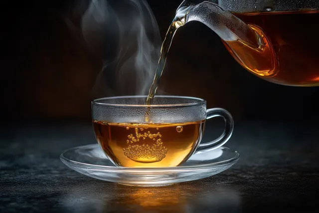 Hot tea is being poured from a glass teapot into a clear teacup while steam rises.
