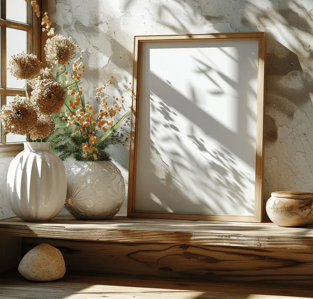 Sunlit minimalist sideboard with a blank wooden frame poster, ceramic vases of dried flowers, and casting shadows.