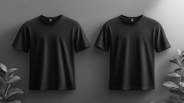 Front and back views of a black t-shirt mockup displayed on a white background with subtle plant leaves.
