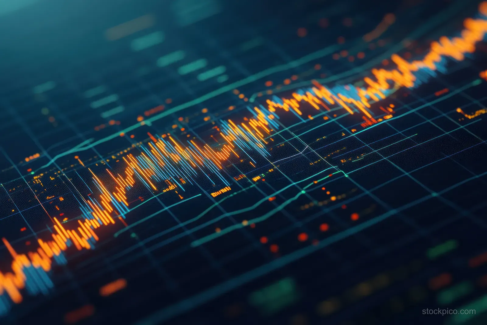 Orange and blue stock market line charts fluctuate across a dark grid background with scattered data points.
