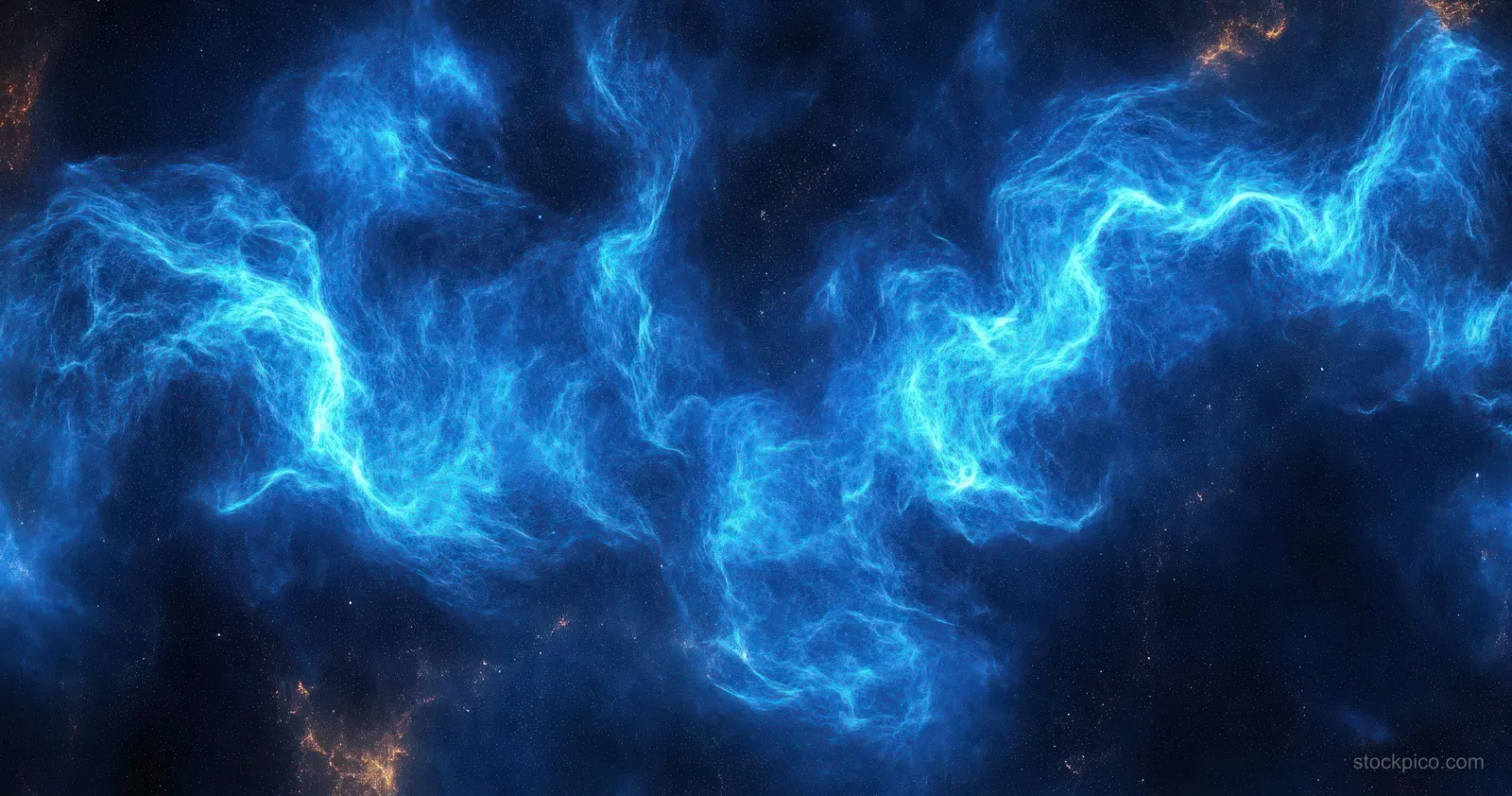 Blue electric plasma nebula swirls across a dark cosmic space with faint golden sparks.
